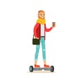 Hipster With Coffee Paper Cup Riding Electric Self-Balancing Battery Powered Personal Electric Scooter Cartoon Character Royalty Free Stock Photo