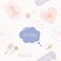 Hipster collage seamless pattern with speech bubbles, hello, like, thanks, amazing words and sweets. Glitter and pastel pink. For