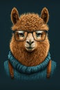 Hipster cool alpaca with human body with eyeglasses looking at camera. Perfect for t-shirt printing, mugs and cases. Portrait