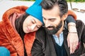 Hipster couple of lovers relaxing on tender moment outdoor - Handsome hipster guy with pretty girl hugging each other