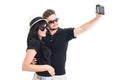 Hipster couple taking a selfie with retro vintage camera Royalty Free Stock Photo