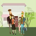 Hipster couples walking. Vector cartoon people characters. Hipster style bearded men with girlfriends
