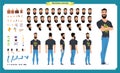 Hipster creation kit. Set of flat male cartoon character body parts, hairstyles, trendy clothing,