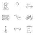 Hipster culture icons set, outline style