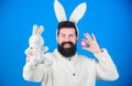 Hipster cute bunny long ears blue background. Easter bunny. Funny bunny with beard and mustache. Join celebration