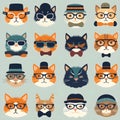 Hipster cute cats with seamless pattern