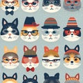 Hipster cute cats with seamless pattern