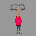 Hipster deer on grey backgroung holding heart