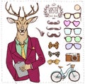 Hipster deer in suit hand drawn,