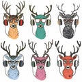 Hipster deer wearing glasses headphones, multicolored sketches cool trendy deer eyewear earphones