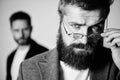 Hipster eyeglasses. Man handsome bearded hipster wear eyeglasses. Eye health and sight. Optics and vision concept