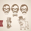 Hipster faces mustache pig engraving lineart vector vintage