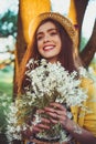 Hipster fashion girl in straw hat keep beauty