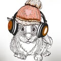 Hipster fashion illustration with rabbit listen music in headphone