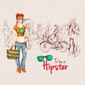 Hipster fashion trendy urban girl sketch character with people crowd background illustration Royalty Free Stock Photo
