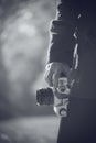 Hipster female photographer exploring autumn nature landscapes a Royalty Free Stock Photo