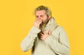 Hipster fever. Immune response. Bearded man sick. Warm scarf around neck. Cold flu fever concept. Body temperature Royalty Free Stock Photo