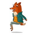 Hipster fox, jumping with joy, isolated vector illustration. Happy humanized fox
