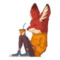 A hipster fox, vector illustration. Calm anthropomorphic trendy dressed fennec sits leaning on the wall