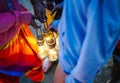 Hipster friends having fun while camping with tent on the beach - Young people holding bright lanterns in campsite on summer