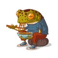 A hipster frog eating udon, isolated vector illustration Royalty Free Stock Photo