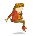 Hipster frog, jumping with joy, isolated vector illustration. Happy humanized toad