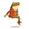 Hipster frog, jumping with joy, isolated vector illustration. Happy humanized toad Royalty Free Stock Photo