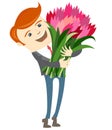 Hipster funny man holding flowers. Flat style