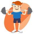 Hipster funny man lifting barbell. Flat style