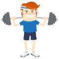 Hipster funny man lifting barbell. Flat style