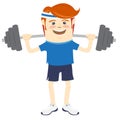 Hipster funny man lifting barbell. Flat style