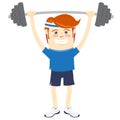 Hipster funny man lifting barbell. Flat style