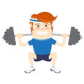 Hipster funny man squatting with barbell. Flat style