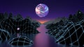 Hipster game from 80`s cyber futuristic illustration. Digital oldschool game landscape wave image with moon and space Royalty Free Stock Photo