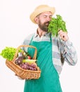 Hipster gardener wear apron carry vegetables. Man bearded presenting vegetables white background isolated. Farmer straw Royalty Free Stock Photo