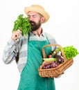 Hipster gardener wear apron carry vegetables. Man bearded presenting vegetables white background isolated. Farmer straw Royalty Free Stock Photo