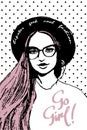 Hipster geek girl face fashion woman portrait t shirt print design hand drawn with text field for sign , vector beautiful illustra