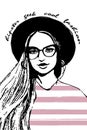 Hipster geek girl face fashion woman portrait t shirt print design hand drawn with text field for sign , vector beautiful illustra