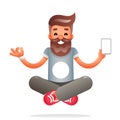 Hipster geek meditate new smartphone mobile apps technology enlightenment character flat design vector illustration