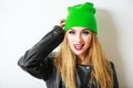 Hipster Girl in Green Beanie Hat on White Royalty Free Stock Photo