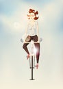 Hipster girl riding a bike on blurry background. Vector illustration.