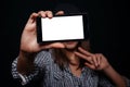 Hipster girl taking picture smartphone self-portrait, screen view Royalty Free Stock Photo