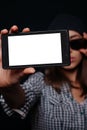 Hipster girl taking picture smartphone self-portrait, screen view Royalty Free Stock Photo