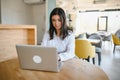 Hipster Girl use Laptop huge Loft Studio.Student Researching Process Work.Young Business Woman Working Creative Startup Royalty Free Stock Photo