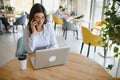 Hipster Girl use Laptop huge Loft Studio.Student Researching Process Work.Young Business Woman Working Creative Startup Royalty Free Stock Photo