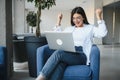 Hipster Girl use Laptop huge Loft Studio.Student Researching Process Work.Young Business Woman Working Creative Startup Royalty Free Stock Photo