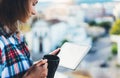 Hipster girl using tablet technology and drink coffee, social distance concept, girl person holding computer