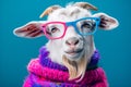 Hipster Goat with Chic Blue Glasses Knit Scarf Royalty Free Stock Photo