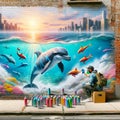 Hipster Graffiti Artist Dolphin Mural Painting Ocean Scene Brick Wall Vintage City Building AI Generated