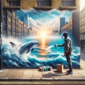 Hipster Graffiti Artist Dolphin Mural Painting Ocean Scene Brick Wall Vintage City Building AI Generated